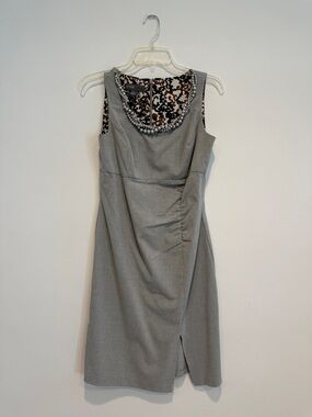 Donna Ricco Light Gray Sleeveless Sheath Dress with Beaded Neckline